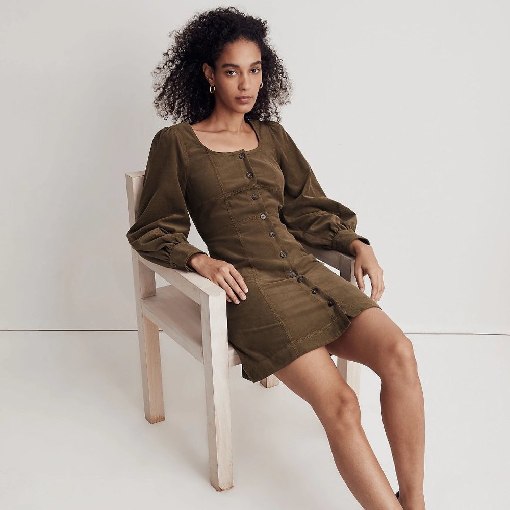 [NWT] Madewell Corduroy Long-Sleeve Mini Dress in Olive
